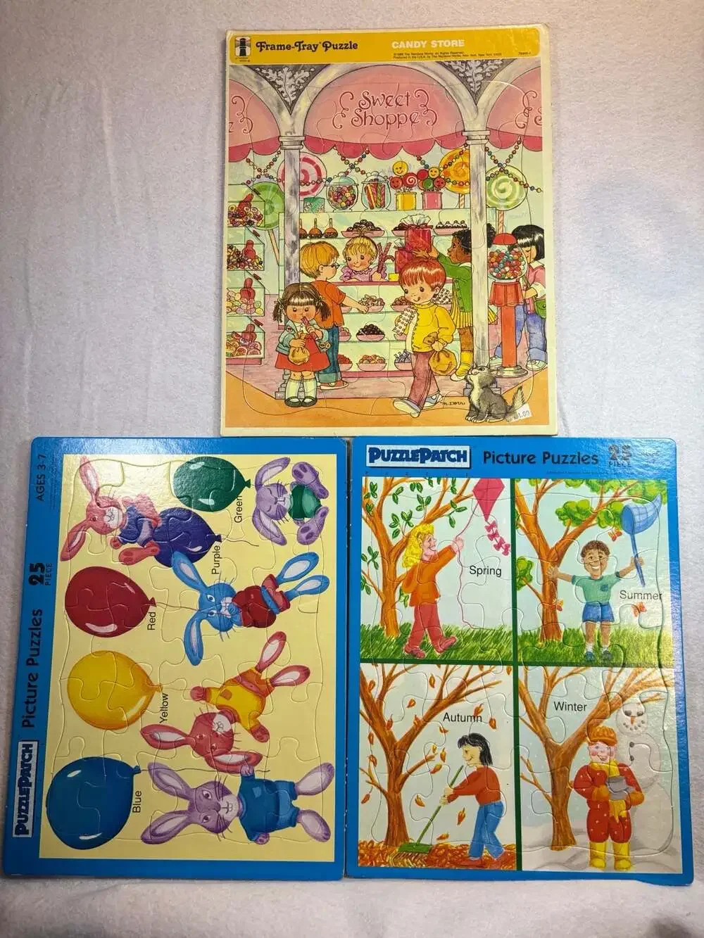 Lot of 3 Vintage Children's Frame-Tray Puzzles (1989 Rainbow Works Candy Store &